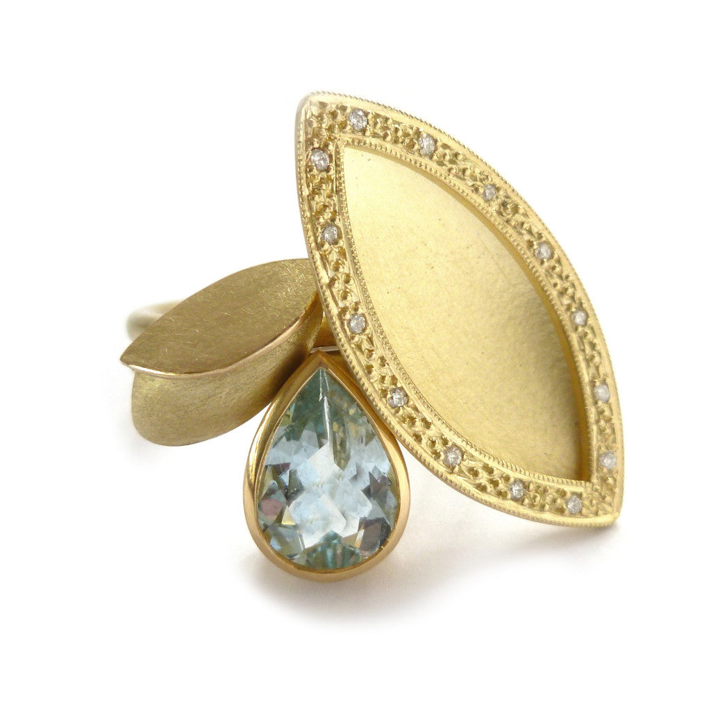 Unique, bespoke and modern statement aquamarine and pave set diamond gold stacking ringset handmade by designer Sue Lane contemporary Jewellery, UK