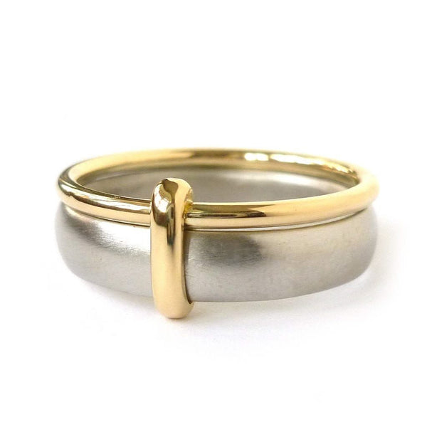 Contemporary, bespoke and modern platinum and gold men's/woman's wedding ring, commitment ring, eternity ring, matt brushed finish. Handmade by Sue Lane UK. Multi band ring or interlocking ring, sometimes called double band ring too.