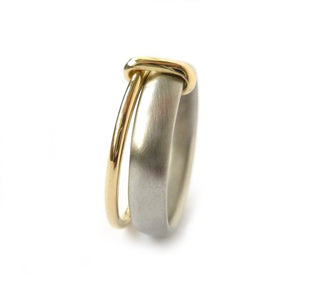Contemporary, bespoke and modern platinum and gold men's/woman's wedding ring, commitment ring, eternity ring, matt brushed finish. Multi band ring or interlocking ring, sometimes called double band ring too.