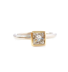 Contemporary, bespoke and modern 18k yellow gold square princess diamond engagement ring, commitment ring, matt brushed finish. Handmade by Sue Lane in Herefordshire, UK