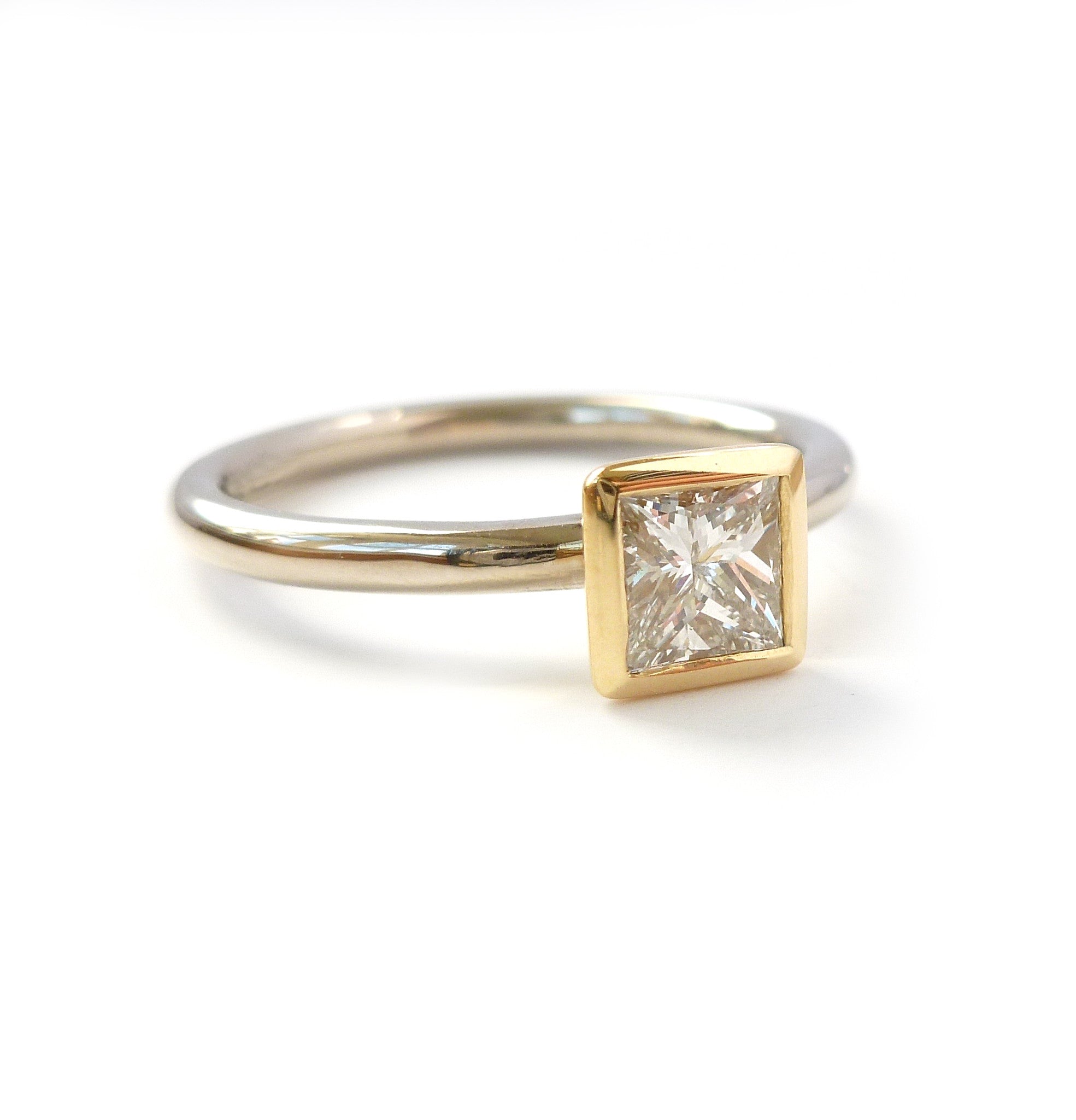 Contemporary, bespoke and modern 18k yellow gold square princess diamond engagement ring, commitment ring, matt brushed finish. Handmade by Sue Lane in Herefordshire, UK