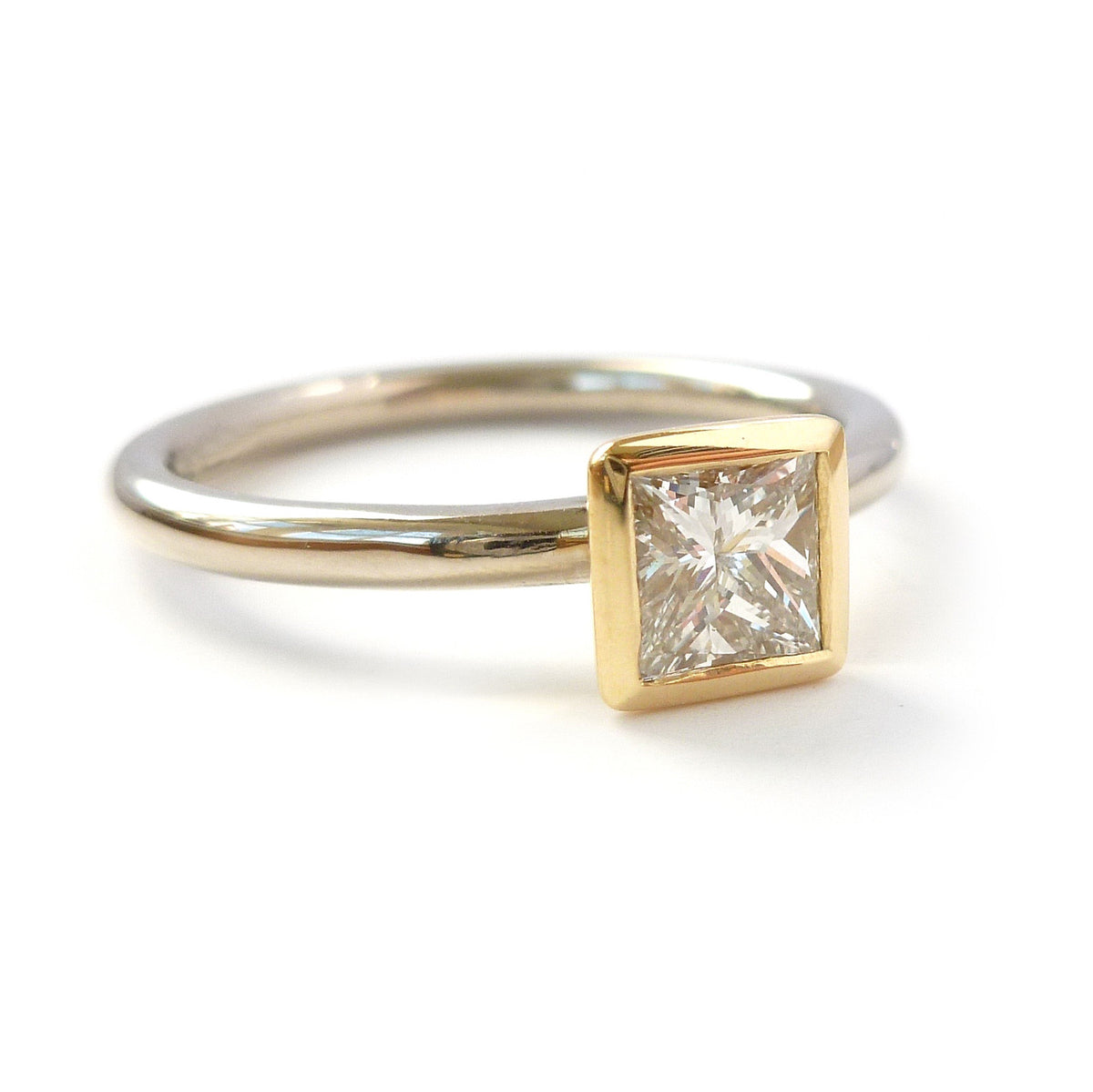Contemporary, bespoke and modern 18k yellow gold square princess diamond engagement ring, commitment ring, matt brushed finish. Handmade by Sue Lane 