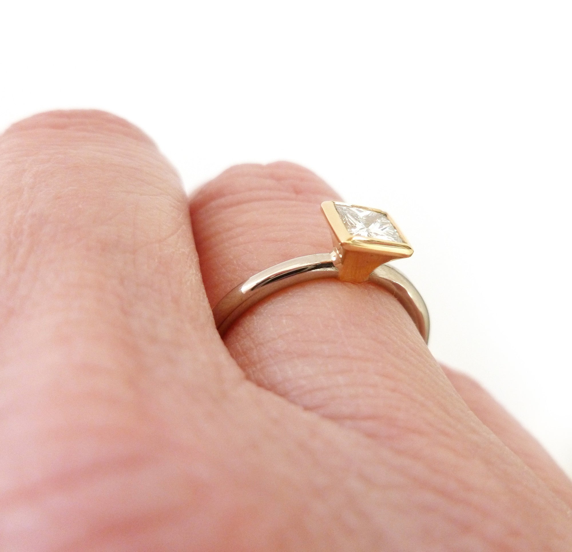 Contemporary, bespoke and modern 18k yellow gold square princess diamond engagement ring, commitment ring, matt brushed finish. Handmade by Sue Lane in Herefordshire, UK