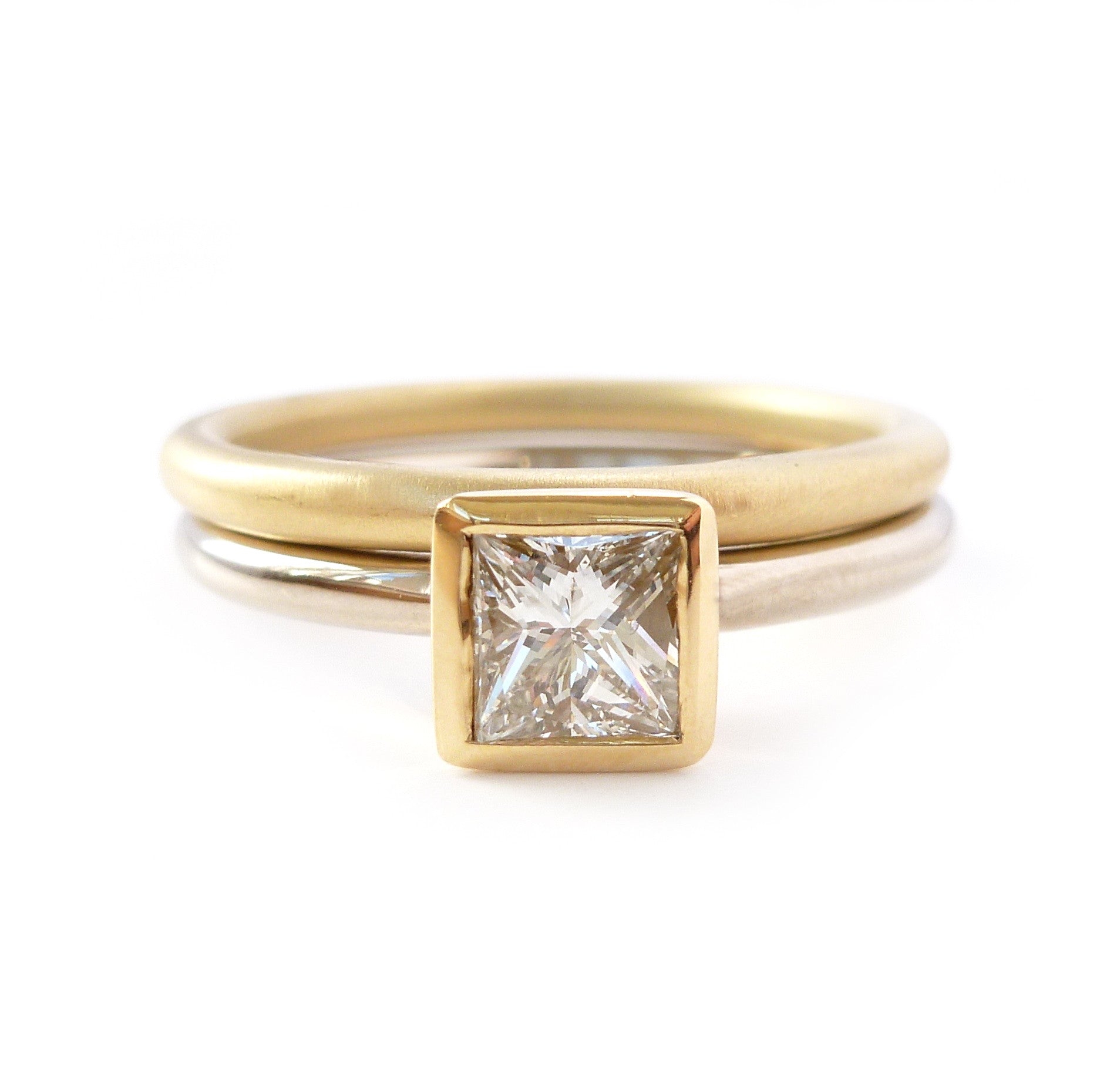 Contemporary, bespoke and modern 18k yellow gold square princess diamond engagement ring, commitment ring, matt brushed finish. Handmade by Sue Lane in Herefordshire, UK