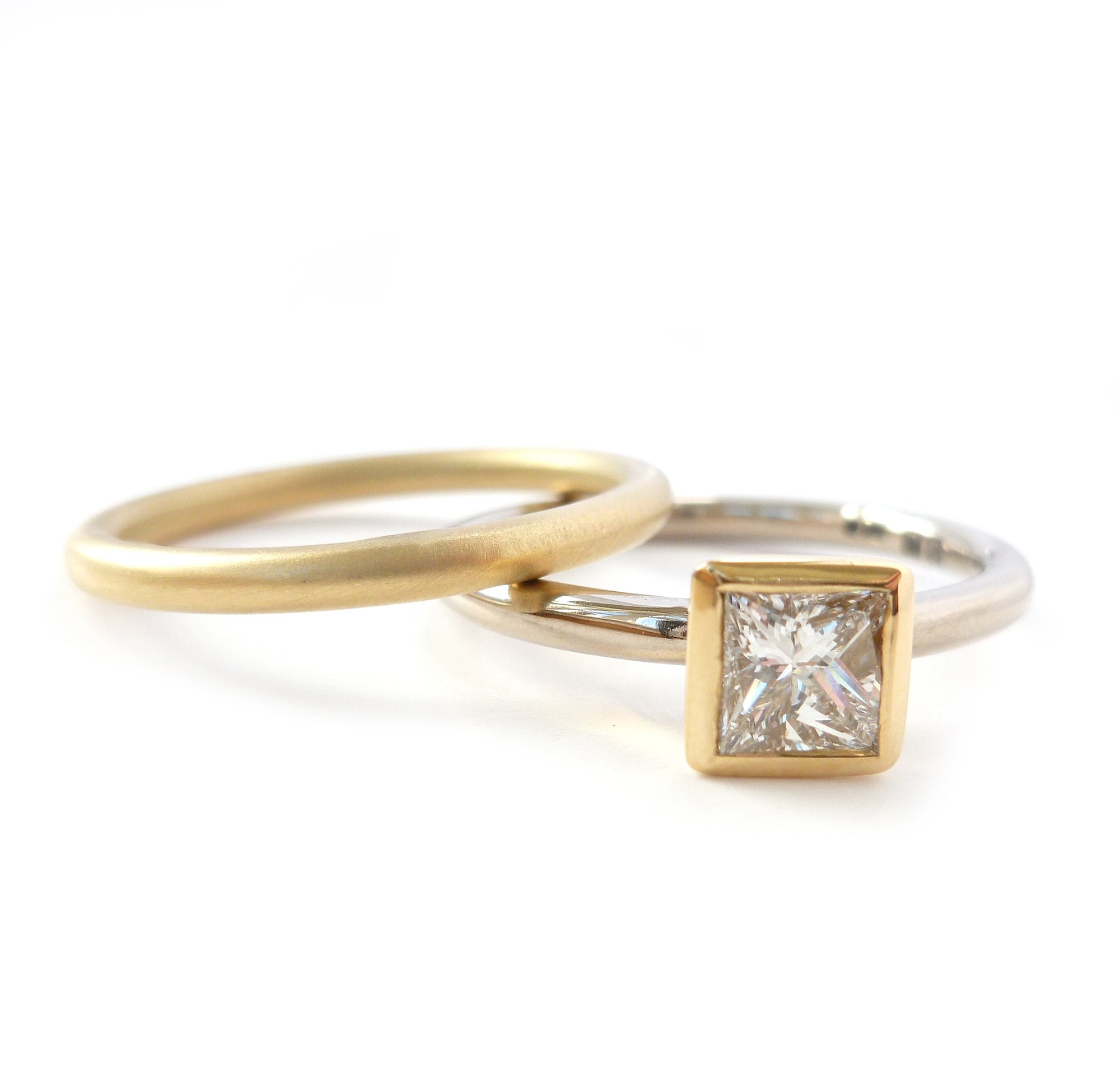 Contemporary, bespoke and modern 18k yellow gold square princess diamond engagement ring, commitment ring, matt brushed finish. Handmade by Sue Lane in Herefordshire, UK