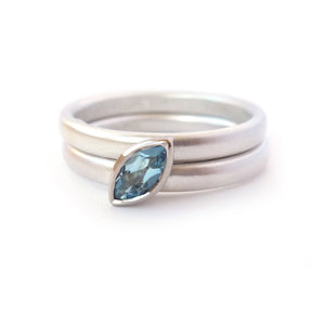 Contemporary, modern and bespoke silver, 18k white and yellow gold marquise aquamarine handmade stacking ring by designer maker Sue Lane Jewellery UK