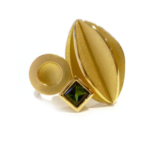 Bold and modern statement gold dress ring with bottle green tourmaline handmade by contemporary designer maker Sue Lane Jewellery