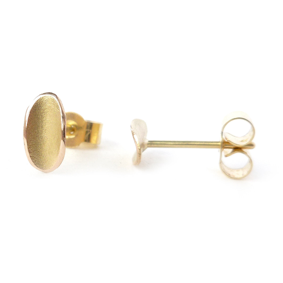 simple, small, discreet modern gold stud earrings with a unique touch. Handmade by Sue Lane Contemporary Jewellery
