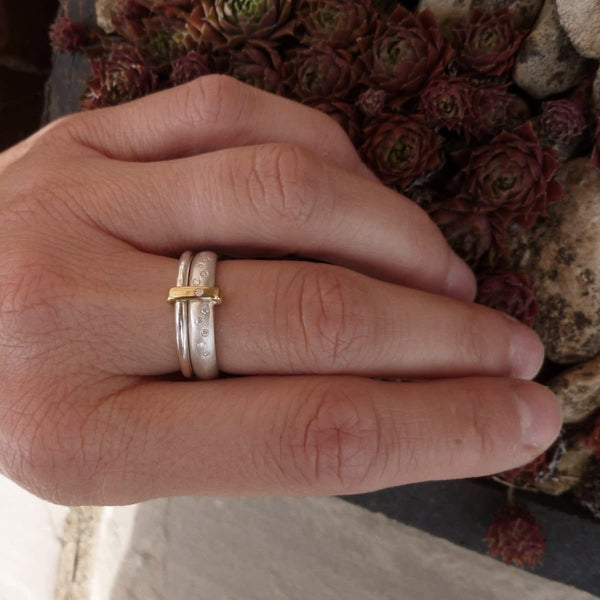 Modern unique and bespoke contemporary silver gold and diamond eternity style two band stacking ring by Sue Lane