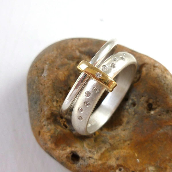 Modern unique and bespoke contemporary silver gold and diamond eternity style two band stacking ring by Sue Lane
