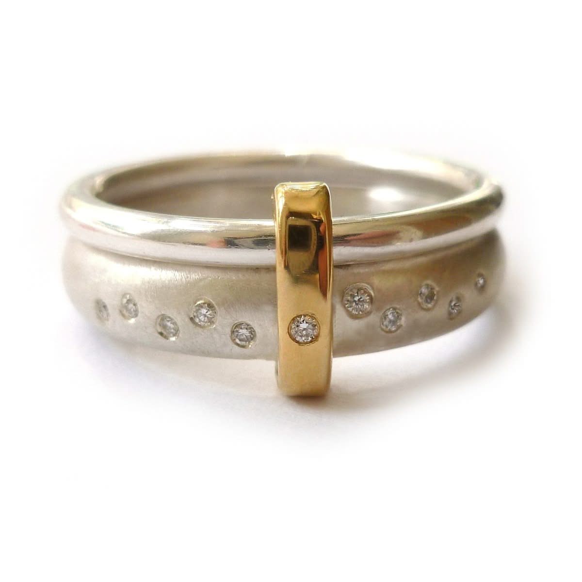 Modern unique and bespoke contemporary silver gold and diamond eternity style two band stacking ring by Sue Lane