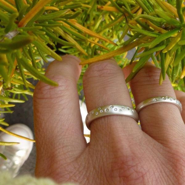 Unusual, unique, bespoke and modern silver and 12 diamond dress ring, wedding ring, eternity ring, engagement brushed finish. Handmade by Sue Lane Jewellery UK