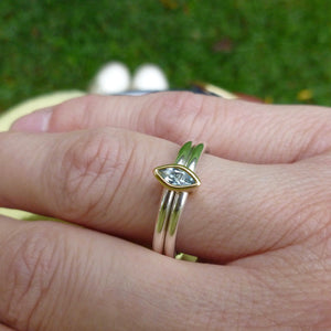 modern bespoke silver and gold ring with blue marquise aquamarine by Sue Lane UK