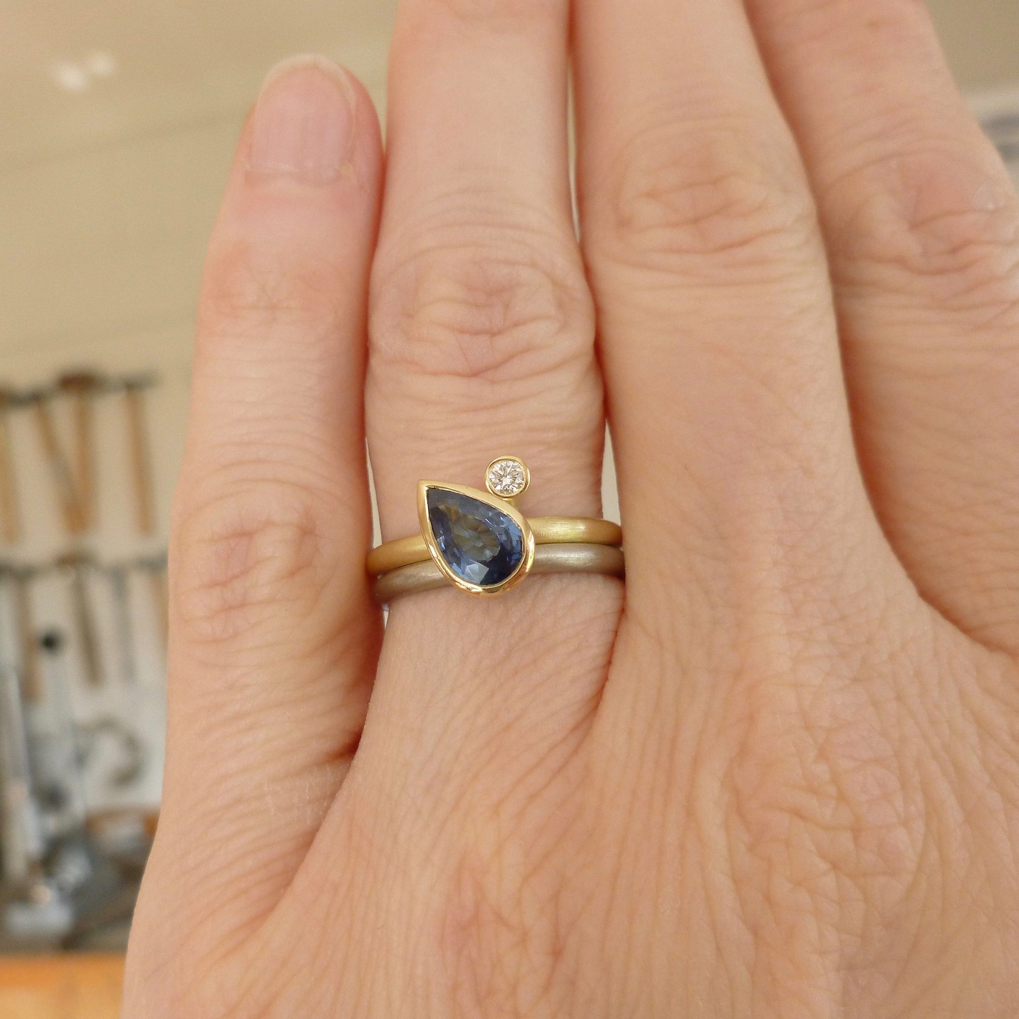 Modern unusual blue sapphire stacking ringset by Sue Lane and handmade in Herefordshire   Multi band ring or interlocking ring, sometimes called double band ring too.