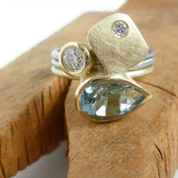 diamond and aquamarine modern stacking ringset
