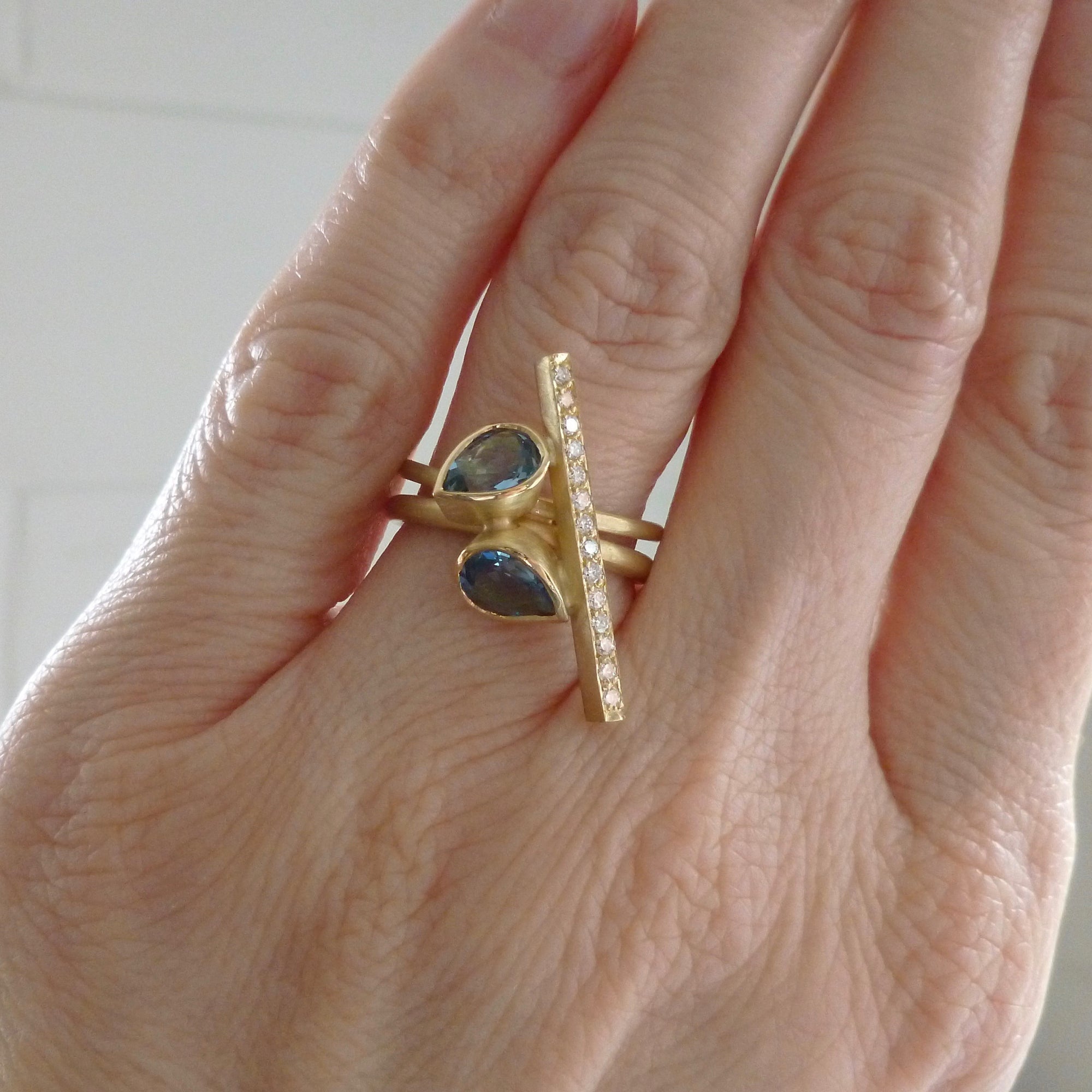 Bespoke contemporary aquamarine and diamond 18ct yellow gold ring