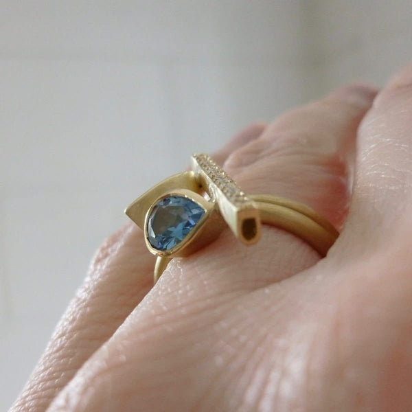 contemporary diamond and aquamarine ring by Sue Lane UK