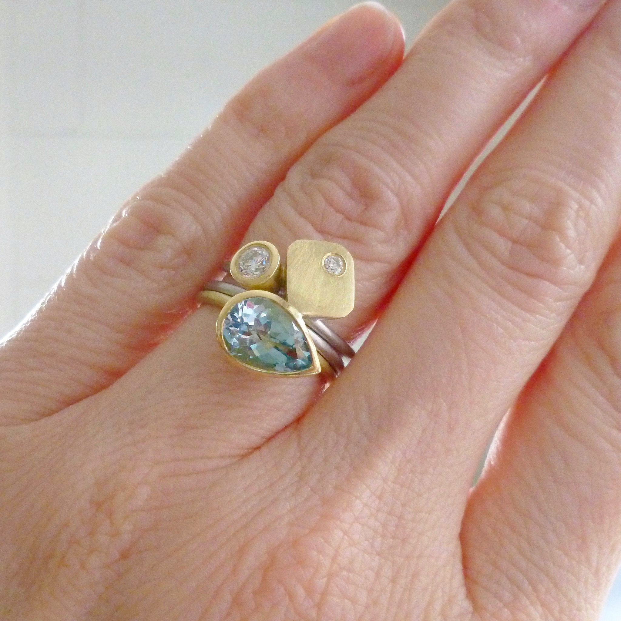 modern chunky two tone aquamarine and diamond ringset un design and maker Sue Lane