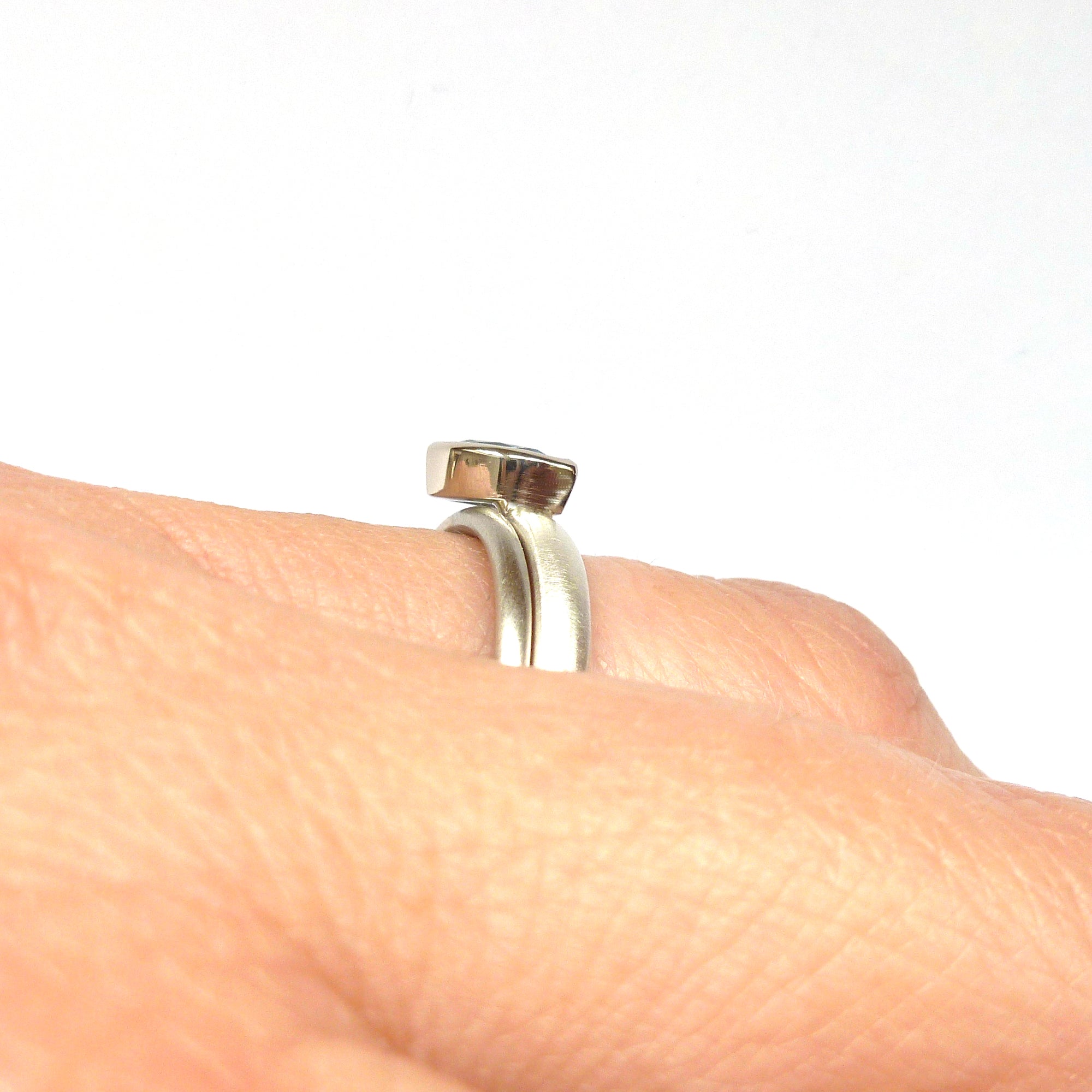 two band modern silver and aquamarine stacking ring with brushed finish