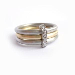 Two tone handmade three band ring, perfect alternative wedding ring or modern engagement ring - gold platinum. Multi band ring or interlocking ring, sometimes called triple band rings too.