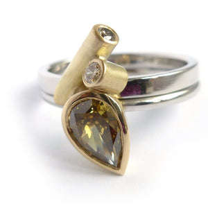 bespoke platinum and gold ring with natural green diamond with GIA certification