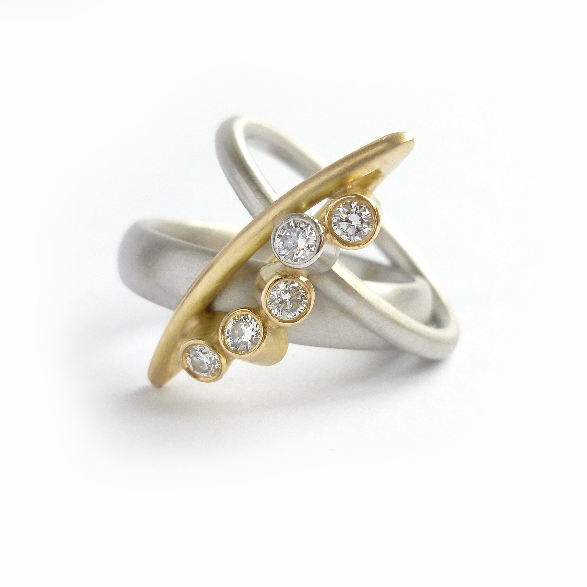 bespoke modern platinum and gold dress ring with diamonds by UK designer and maker Sue Lane 