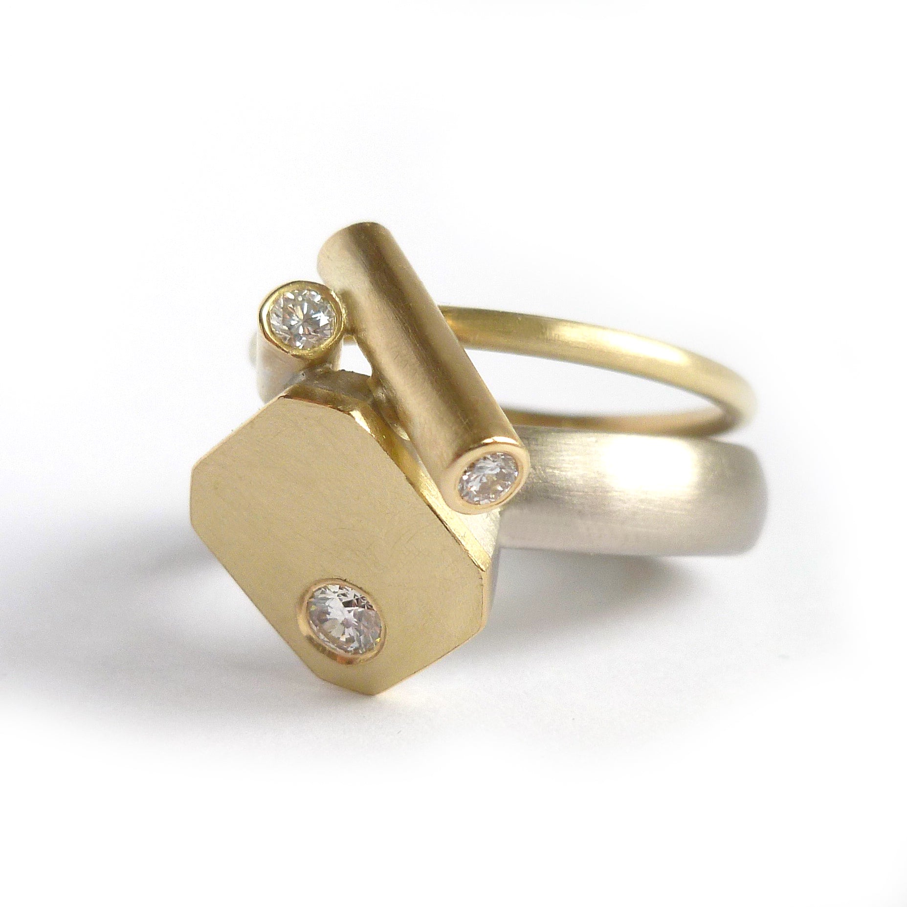 Contemporary chunky bold gold ring with diamonds handmade in UK by designer and make Sue Lane 