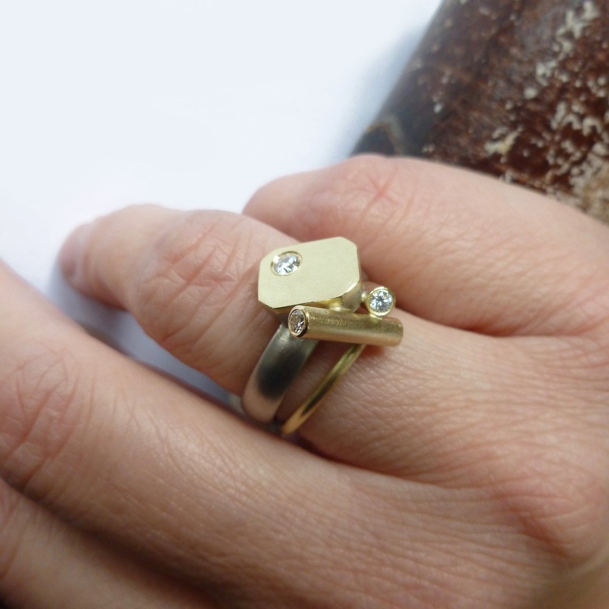 Contemporary chunky gold ring with diamonds handmade in UK by designer and make Sue Lane 