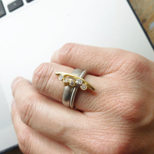 chunky modern platinum and gold dress ring with diamonds by UK designer and maker Sue Lane 