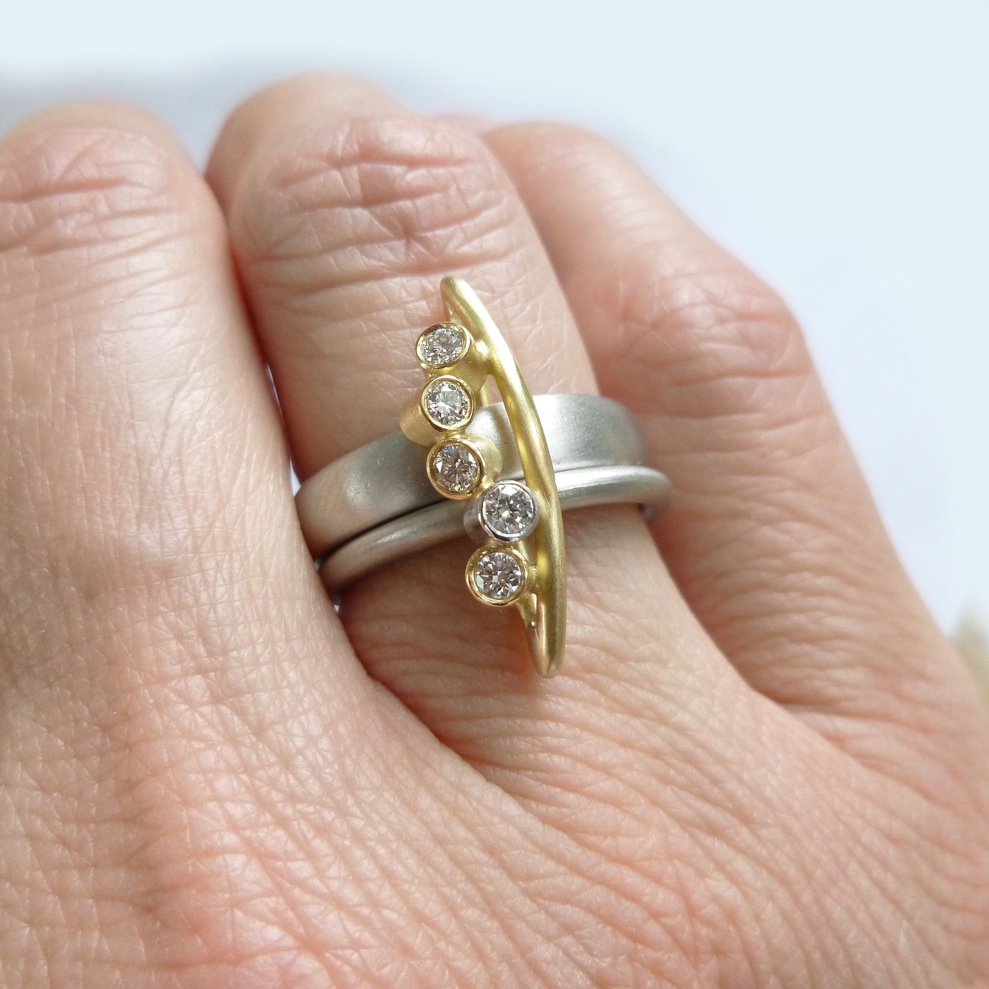 modern platinum and gold dress ring with diamonds by UK designer and maker Sue Lane 