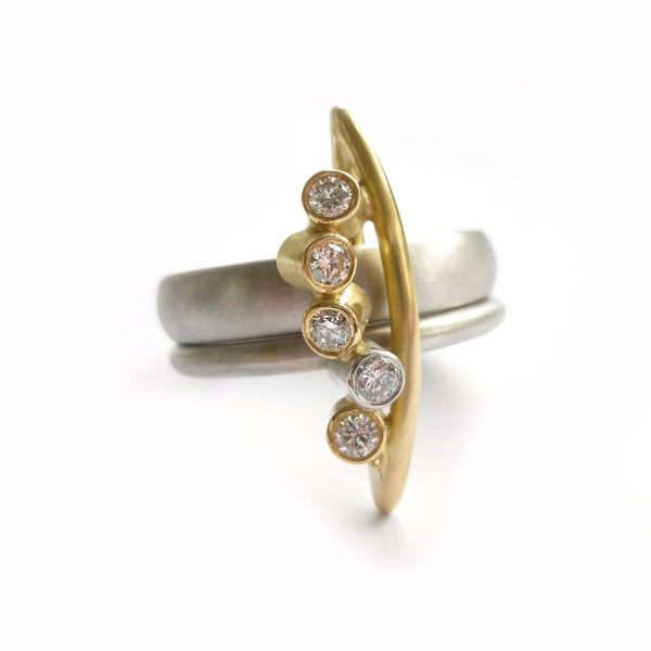 modern platinum and gold dress ring with diamonds by UK designer and maker Sue Lane 