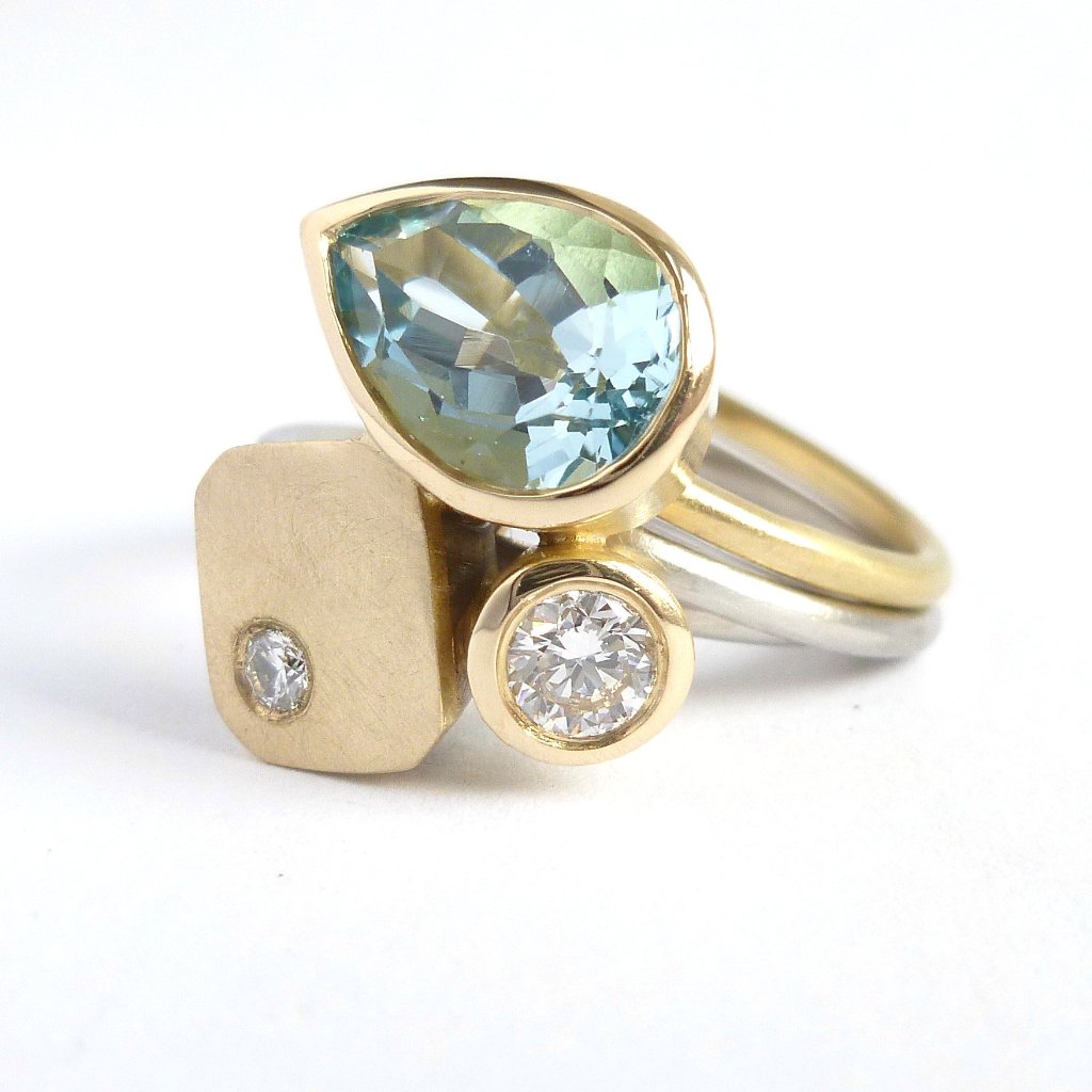 one of contemporary aquamarine and diamond ringset by Sue Lane 