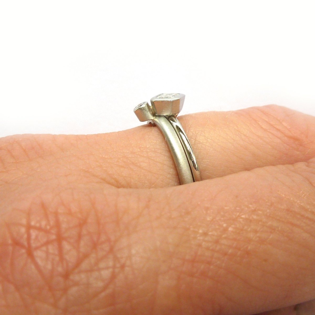 Bespoke platinum and emerald cut two band stacking diamond engagement  ring handmade in the UK 