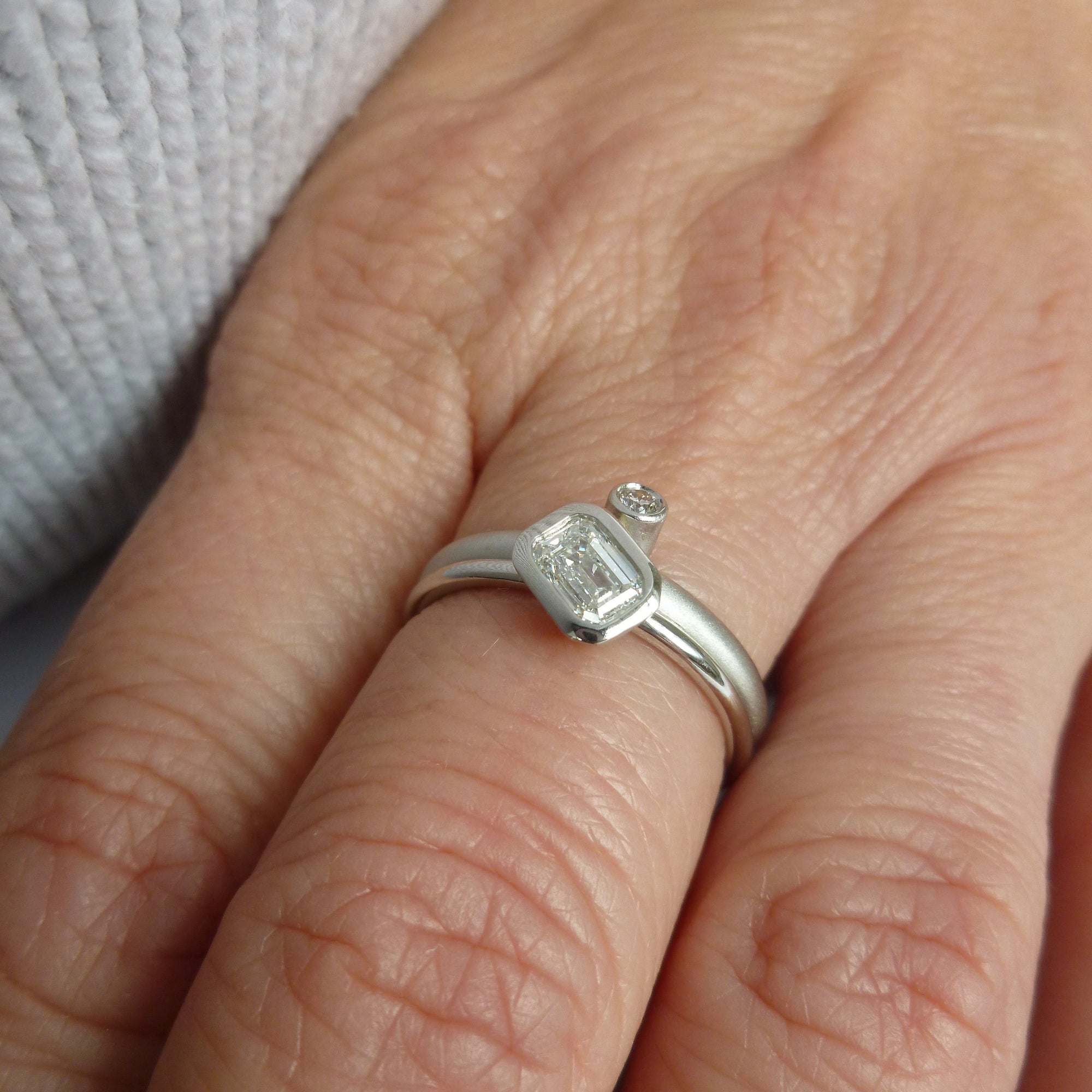 Bespoke platinum and emerald cut two band stacking diamond engagement  ring handcrafted in the UK