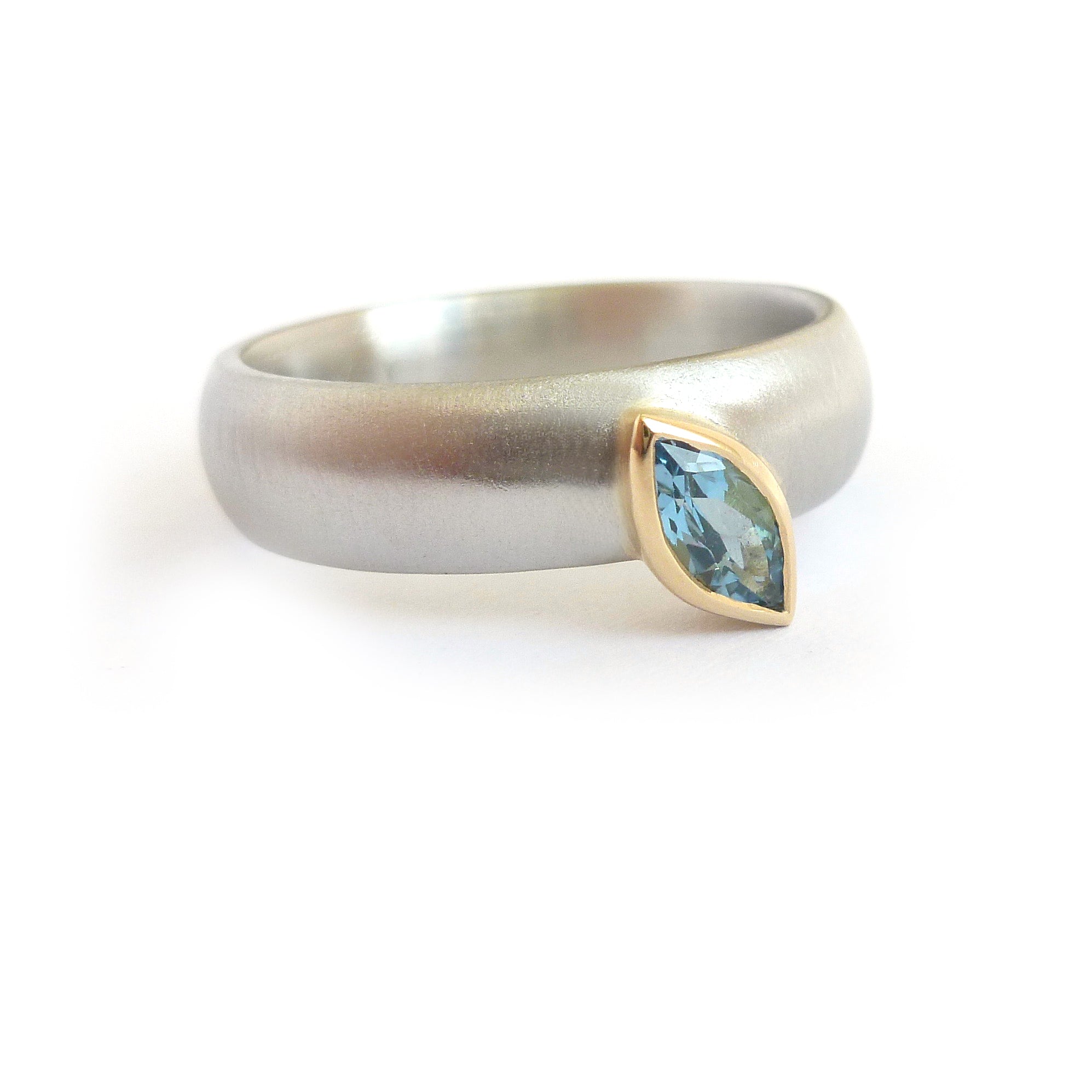 modern two tone platinum and marquise aquamarine wide ring handmade by Sue Lane UK