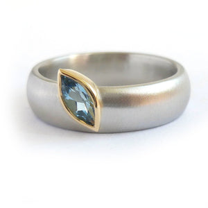 contemporary platinum and marquise aquamarine wide ring engagement or dress ring. Handmade by Sue Lane UK