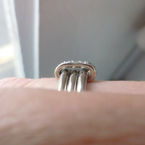 Unusual, unique, bespoke and modern platinum and diamond wedding ring, contemporary eternity ring, engagement ring, Handmade by Sue Lane in Herefordshire, UK. Multi band ring or interlocking ring, sometimes called triple band rings too.