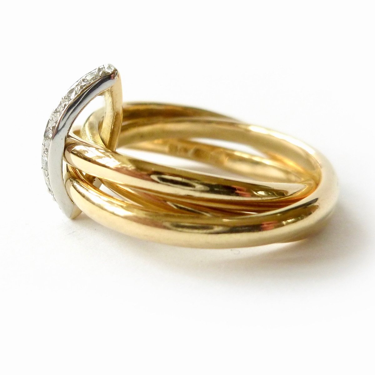 Unique modern contemporary bespoke Russian style yellow gold platinum ring design with white diamonds pave set