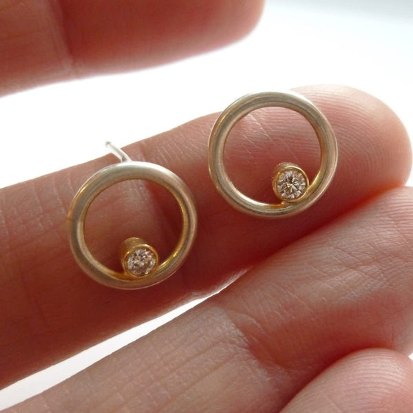 Contemporary, bespoke, unique and modern silver and 18ct white gold circle earrings with 2mm diamonds