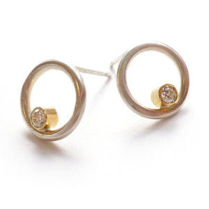 Contemporary, bespoke, unique and modern silver and 18ct white gold circle earrings with 2mm diamonds