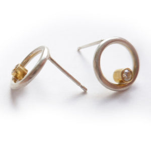 Contemporary, bespoke, unique and modern silver and 18ct white gold circle earrings with 2mm diamonds