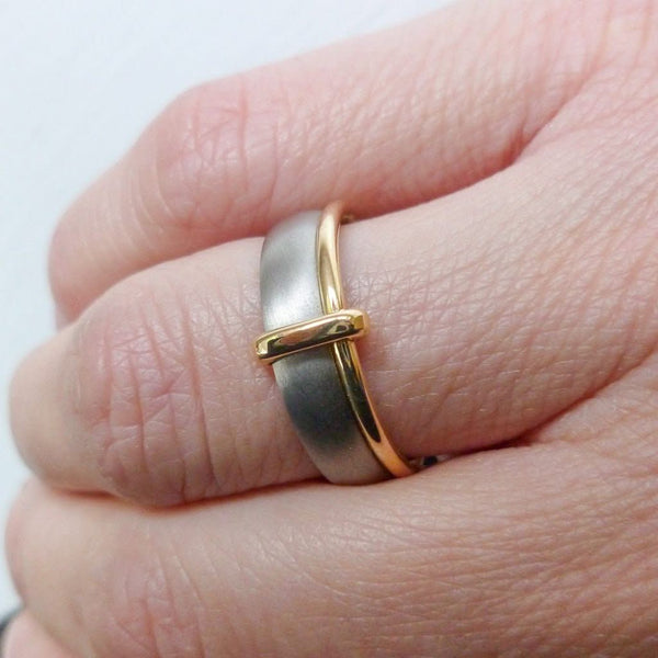 Platinum and 18ct gold two band ring contemporary hand made Sue Lane. Multi band ring or interlocking ring, sometimes called double band ring too.