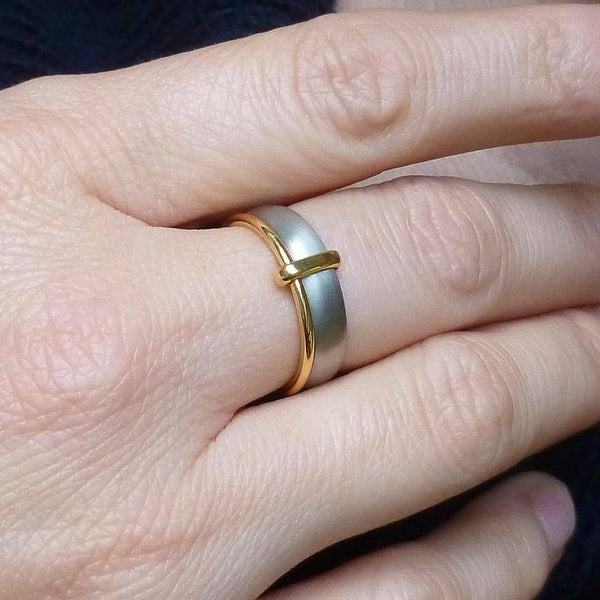 Platinum and 18ct gold two band ring contemporary hand made Sue Lane. Multi band ring or interlocking ring, sometimes called double band ring too.