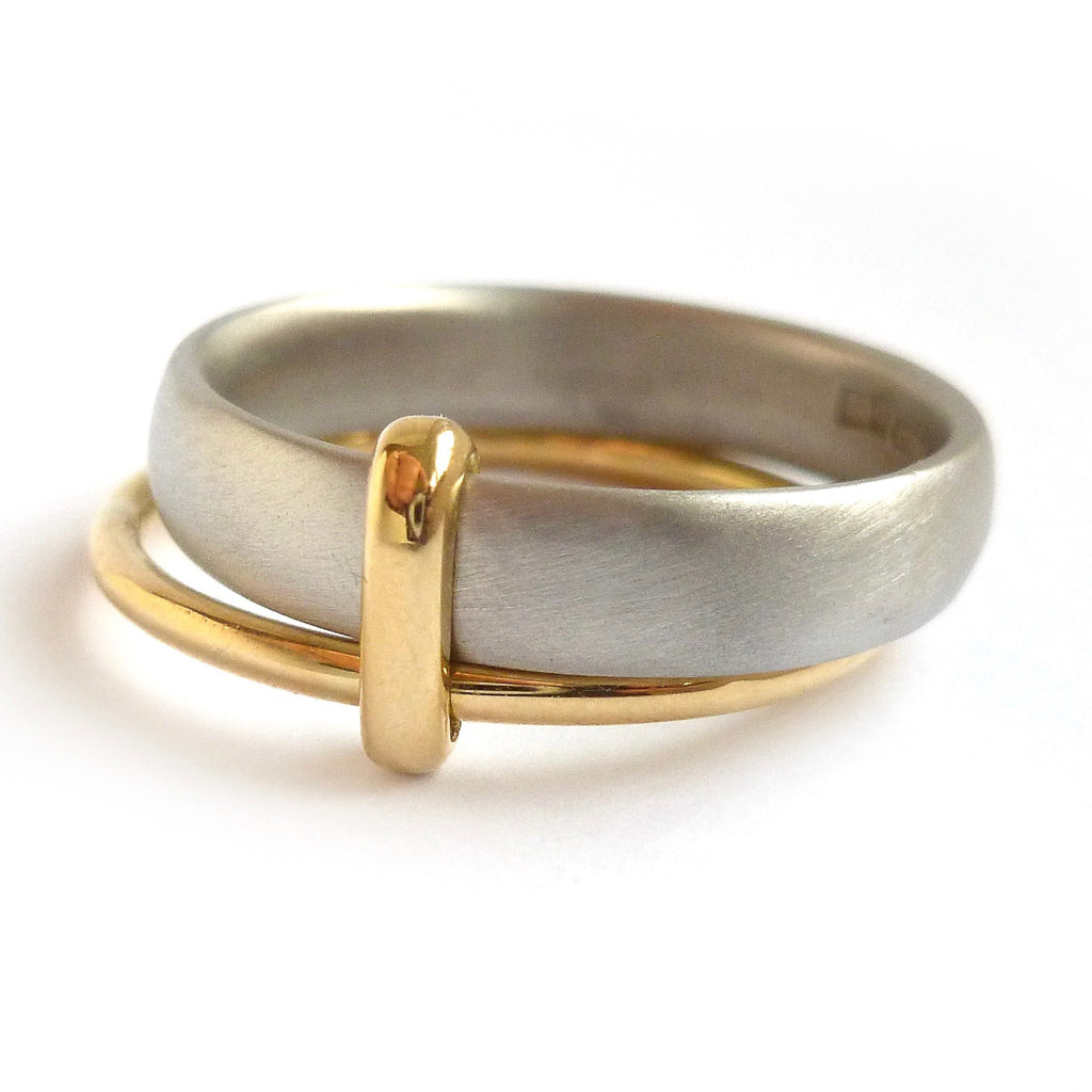 Platinum and 18ct gold two band ring contemporary hand made Sue Lane. Multi band ring or interlocking ring, sometimes called double band ring too.
