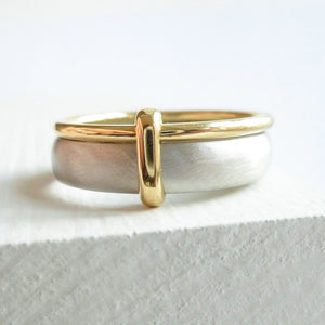 Platinum and 18ct gold two band ring contemporary hand made Sue Lane. Multi band ring or interlocking ring, sometimes called double band ring too.