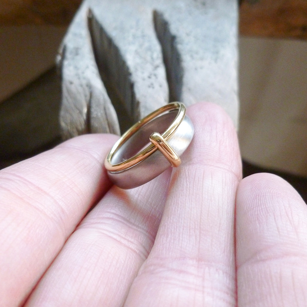 Platinum and 18ct gold two band ring contemporary hand made Sue Lane. Multi band ring or interlocking ring, sometimes called double band ring too.