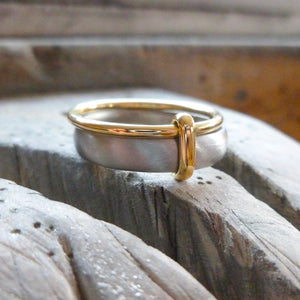 Palladium and 18ct gold two band ring contemporary hand made Sue Lane. Multi band ring or interlocking ring, sometimes called double band ring too.