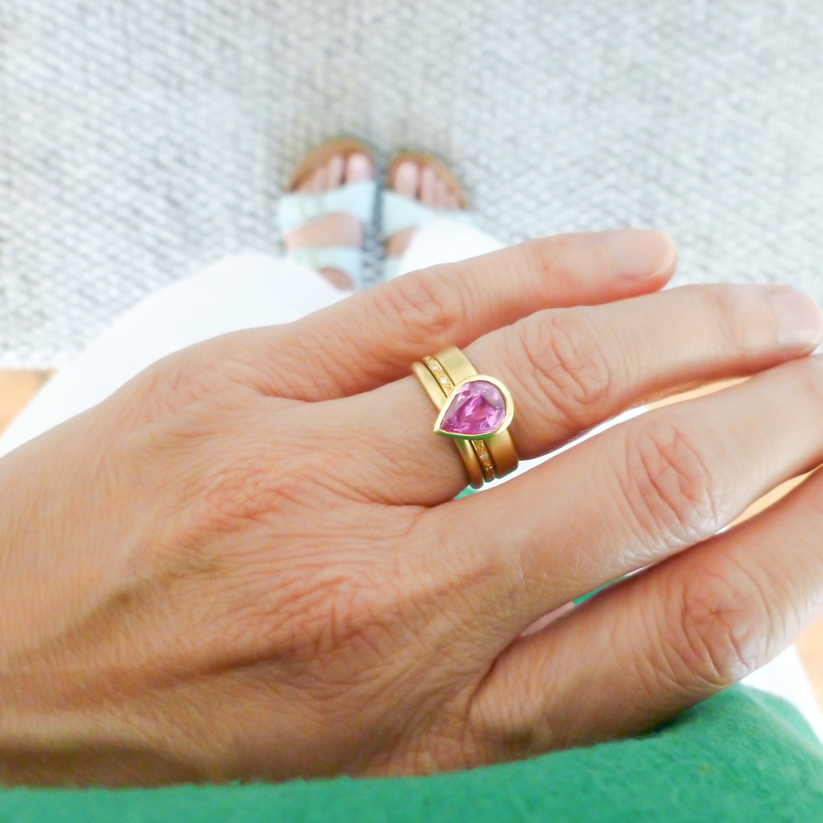 Pink pear shape sapphire and diamond stacking interlocking treble band 18ct yellow gold contemporary ringset ring