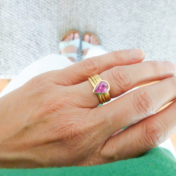 Pink pear shape sapphire and diamond stacking interlocking treble band 18ct yellow gold contemporary ringset ring