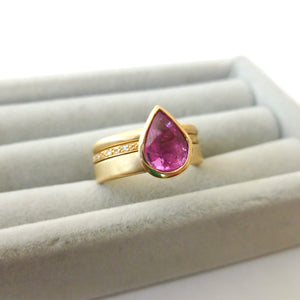 Pink pear shape sapphire and diamond stacking interlocking treble band 18ct yellow gold contemporary ringset ring